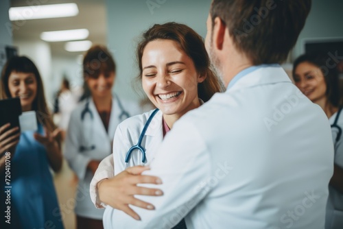 A heartwarming image of a woman dressed in a white coat embracing a man dressed in a white coat, smiling female doctor standing with medical colleagues in a hospital, AI Generated photo