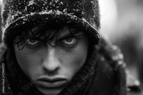 Intense Gaze of a Man in the Rain