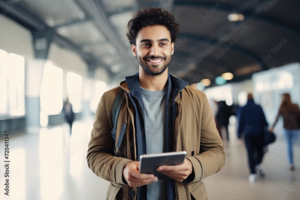 Fototapeta premium A man stands in an airport holding a tablet, attending to his business needs, Smiling Young Middle Eastern Man With Digital Tablet In Hands Posing At Airport Terminal, AI Generated