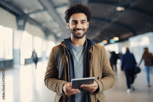 A man stands in an airport holding a tablet, attending to his business needs, Smiling Young Middle Eastern Man With Digital Tablet In Hands Posing At Airport Terminal, AI Generated