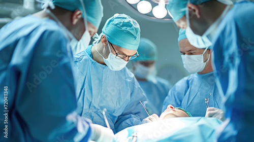 Professional surgeons in uniform will perform emergency surgery in the operating room.
