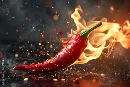 A flaming hot red chilli pepper on fire. Burning hot spicy chilli food photo