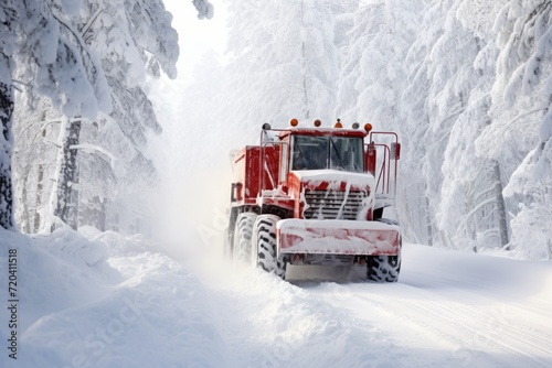 A vibrant red truck maneuvers through a picturesque snow covered forest, Snow plow truck clearing road after winter snowstorm or blizzard, AI Generated