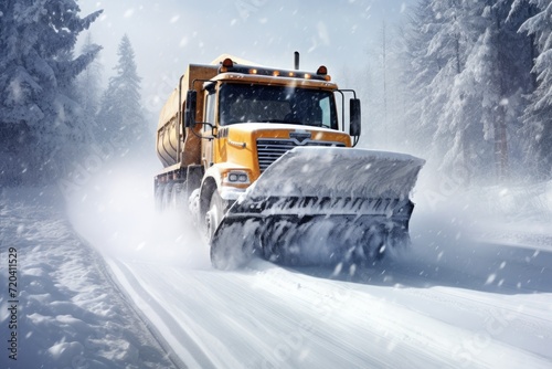 A snow plow drives down a snow-covered road, effortlessly clearing the way during a winter storm, Snow plow truck clearing road after winter snowstorm or blizzard, AI Generated