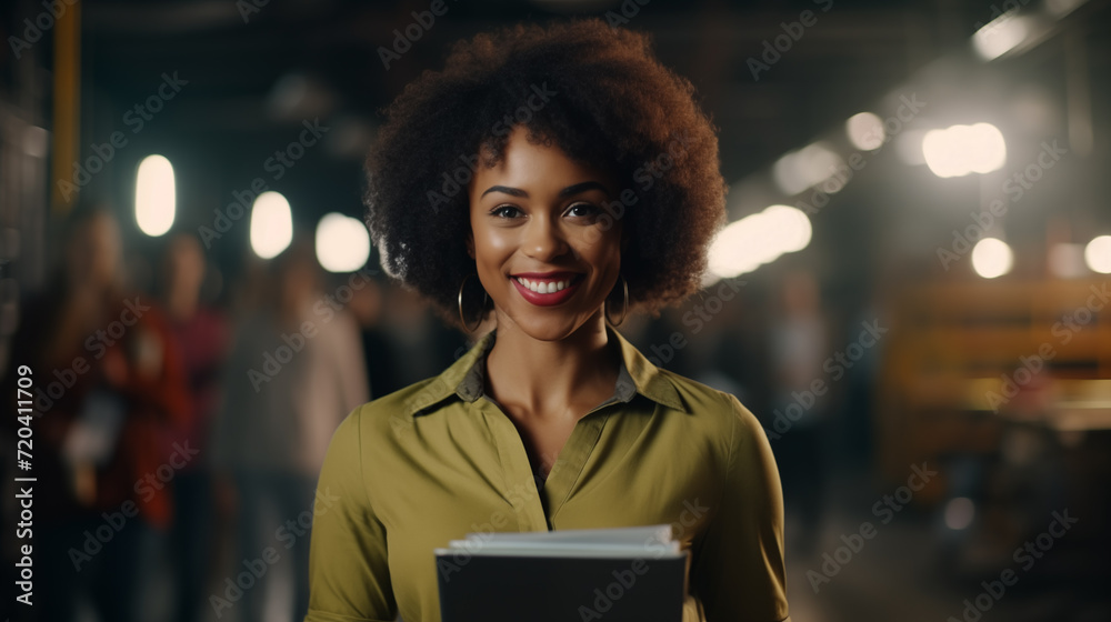 Young university black girl student standing by a faculty in the university campus holding a book