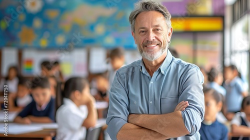 Smiling male teacher in classroom with elementary school students learning in the background