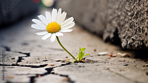 a white daisy with a yellow center, growing out of a crack in a concrete surface. © AdamDiezel