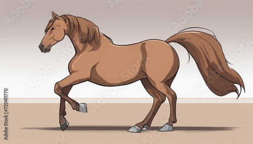 A brown horse with a long tail walking on a dirt road