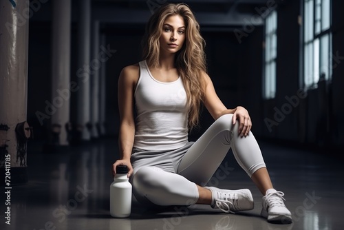A woman seated on the floor holding a bottle of water, sporty woman in sportswear is sitting on the floor with dumbbells and a protein shake, AI Generated