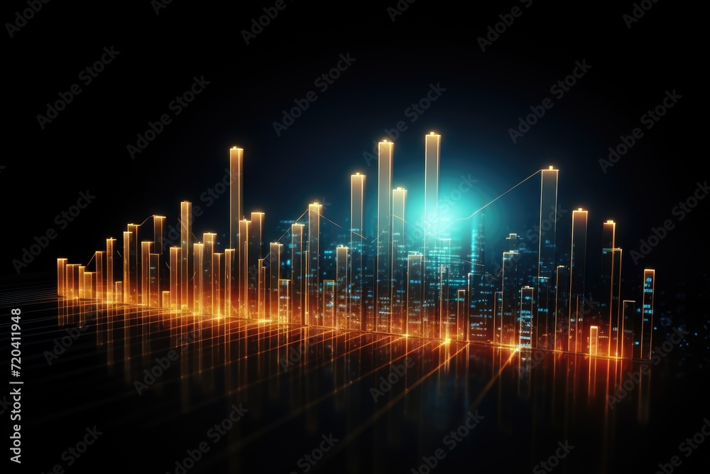 A mesmerizing cityscape at night, showcasing the brilliance of bright lights against the dark backdrop, stock market glowing on a dark background, Growth graph, AI Generated