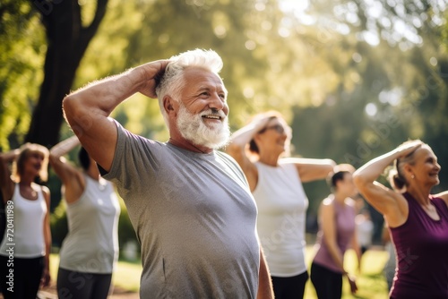 A diverse group of individuals gathered in a park to engage in a yoga session, promoting physical and mental well-being, Stretching, yoga and senior people in park for muscle health, AI Generated