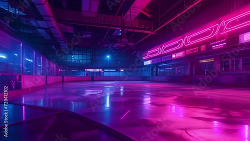 The hockey rink is transformed into a neon wonderland with pulsing red and purple hues. photo