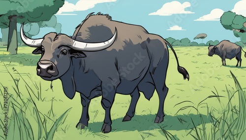 A bull with horns standing in a field