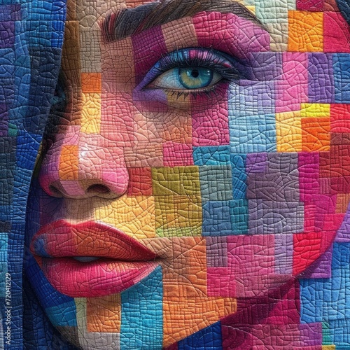 modern feminist symbol portrait by jennifer evans, in the style of psychedelic patchwork, high detailed, human-canvas integration, felt creations, textured canvas, color-light, symbolic  photo