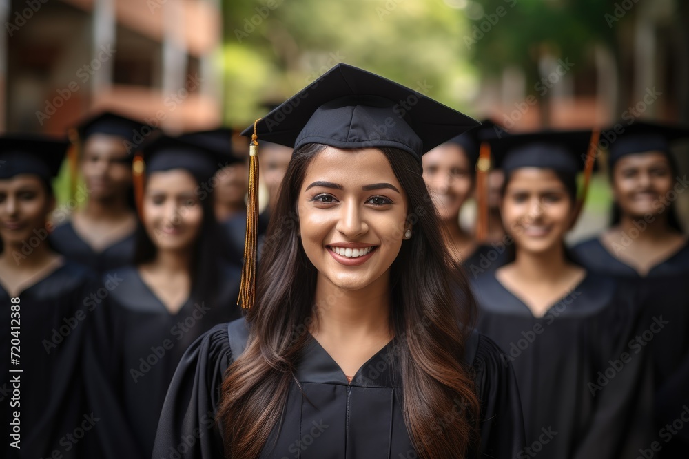 A woman in a graduation cap and gown smiles while holding her diploma, Successful Indian female student with group of college students, AI Generated A woman in a graduation cap and gown smiles while holding her diploma, Successful Indian female student with group of college students, AI Generated