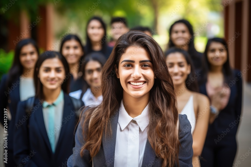 A diverse group of women standing next to each other, showcasing their collective strength and sisterhood, Successful Indian female student with group of college students, AI Generated A diverse group of women standing next to each other, showcasing their collective strength and sisterhood, Successful Indian female student with group of college students, AI Generated