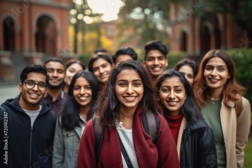 A diverse group of individuals gathered together in front of a building, Successful Indian female student with group of college students, AI Generated