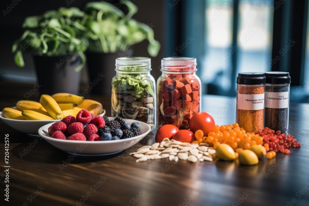 A wooden table displays an assortment of jars filled with fresh fruits and vegetables, Supplement nutrition for young partners after a workout, AI Generated A wooden table displays an assortment of jars filled with fresh fruits and vegetables, Supplement nutrition for young partners after a workout, AI Generated