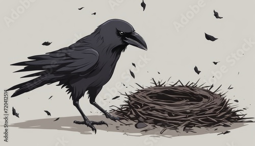 A black bird standing near a nest
