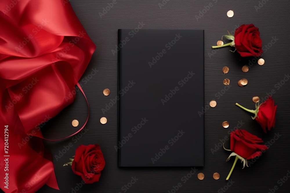 Mockup blank black greeting card with red rose flower on dark wood background. Valentine's day-wedding. presentation. advertisement. copy text space.	 - obrazy, fototapety, plakaty 