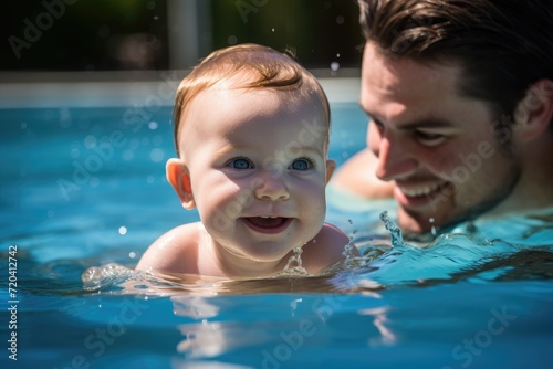 A heartwarming photo capturing the joyful moments of a father and his adorable baby swimming together in a pool, swimming lesson for baby, AI Generated