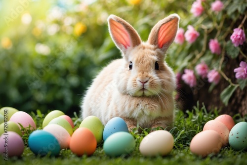 Cute Easter fluffy bunny rabbit sitting green grass surrounded by colorful easter eggs on green garden. ai generative
