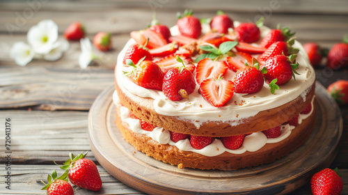 Fraisier mousse cake. Strawberry cake on a wooden background. Summer dessert. Copy space.