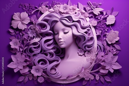 pink flowers on a purple background depict the female symbol in 3d. 3d mockup 8 march