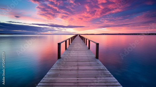 a wooden dock extending into calm waters, with a colorful sky at dusk or dawn in the background.