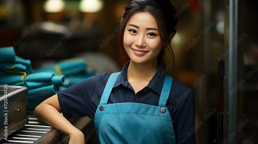 An asian Chinese sales girl Smile in overalls