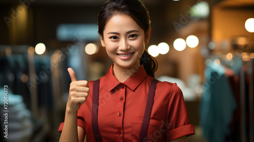 An asian Chinese sales girl Smile in overalls