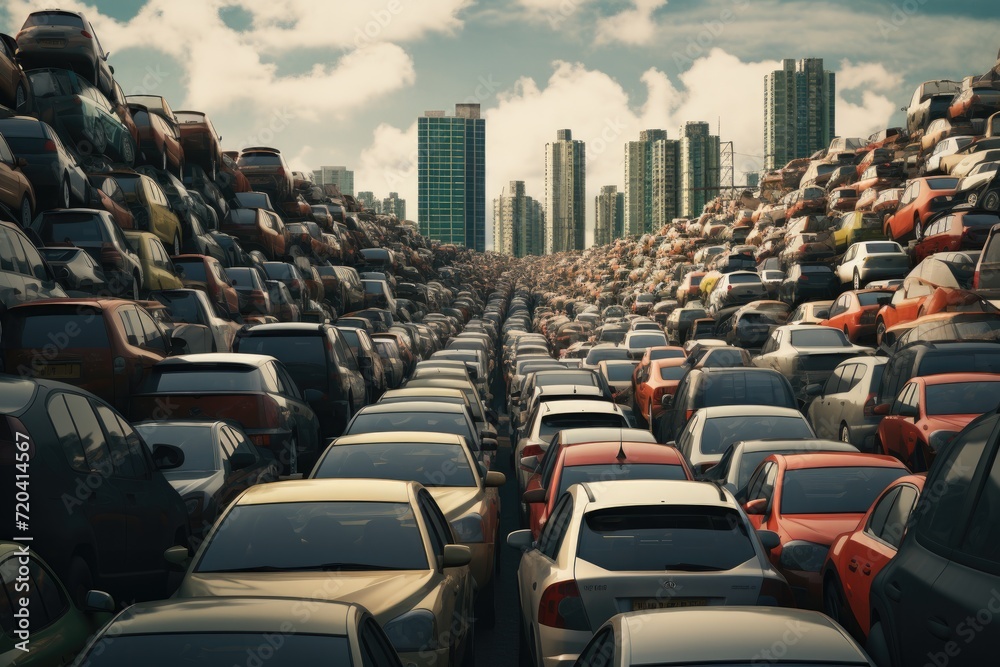 Fototapeta premium Numerous cars filling the street with parked positions, Traffic jam with rows of cars, AI Generated