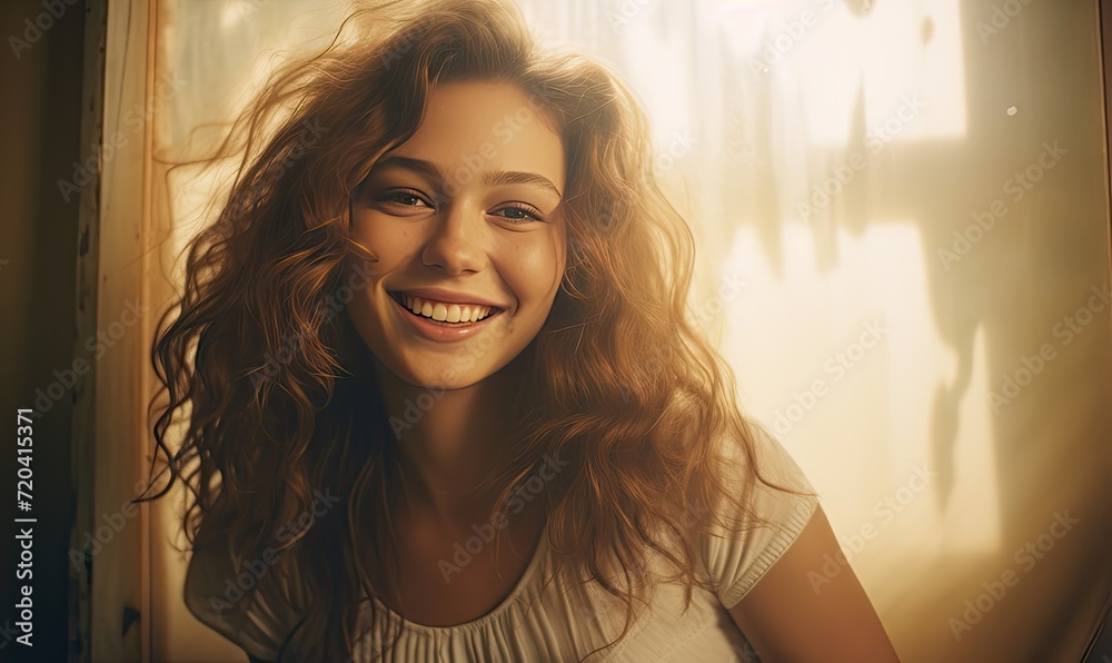 A Joyful Woman with Flowing Locks Radiates Happiness in Front of the Lens