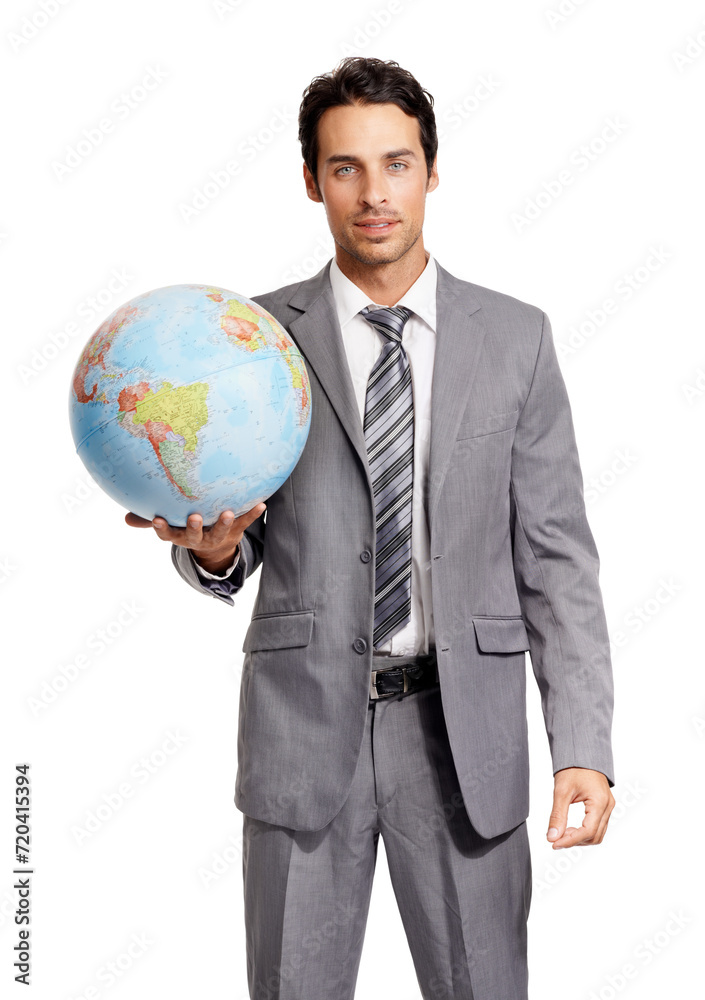 Portrait, business man and globe, earth or worldwide travel isolated on a white studio background. Agent, professional suit and planet map for geography, journey and sphere for international vacation Portrait, business man and globe, earth or worldwide travel isolated on a white studio background. Agent, professional suit and planet map for geography, journey and sphere for international vacation