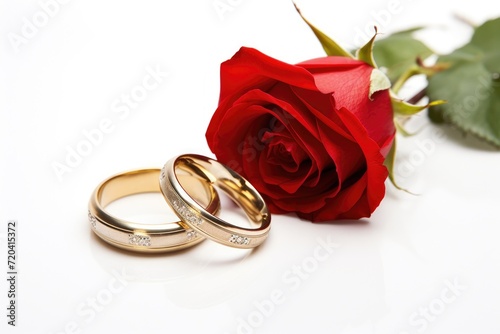 A photo of two wedding rings and a single rose arranged neatly on a plain white background, Two wedding rings and red roses isolated on white, AI Generated