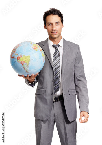 Portrait, business man and globe, earth or worldwide travel isolated on a white studio background. Agent, professional suit and planet map for geography, journey and sphere for international vacation © Cameron M/peopleimages.com