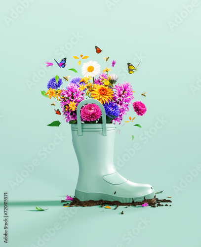 Fototapeta Naklejka Na Ścianę i Meble -  Green rubber boot full of colorful spring flowers with butterflies and bees on mint green background. Spring is here concept. 3D Rendering, 3D Illustration	