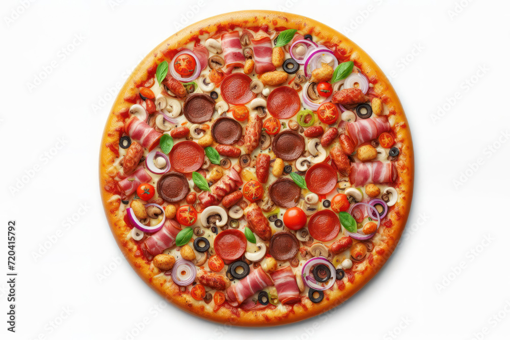Meat Lovers pizza isolated on solid white background. ai generative