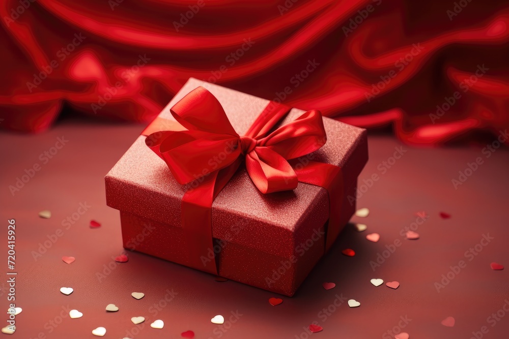 This red gift box with a matching bow is the perfect way to impress and delight your loved ones on any special occasion, Valentine gift box with red satin ribbon on red silk background, AI Generated This red gift box with a matching bow is the perfect way to impress and delight your loved ones on any special occasion, Valentine gift box with red satin ribbon on red silk background, AI Generated