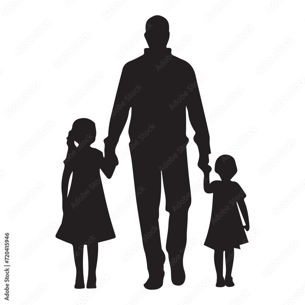 Silhouette vector illustration of a family holding hands. A happy and harmonious family. Black and white family vector.