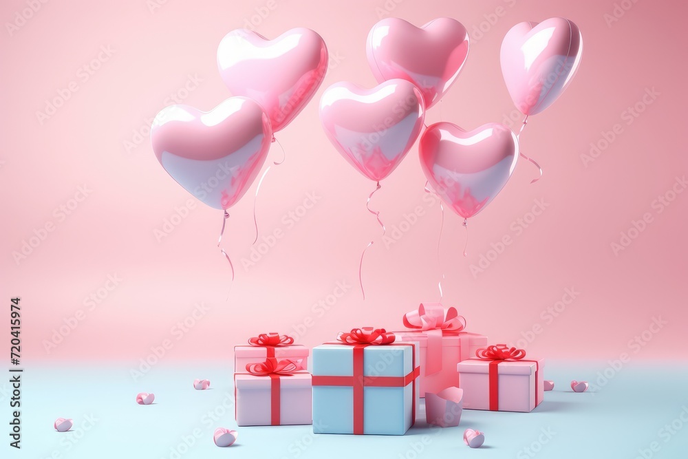Heart Shaped Balloons Floating Over Gift Box, valentines day concept 3D heart shaped balloons flying with gift boxes on pink background, AI Generated