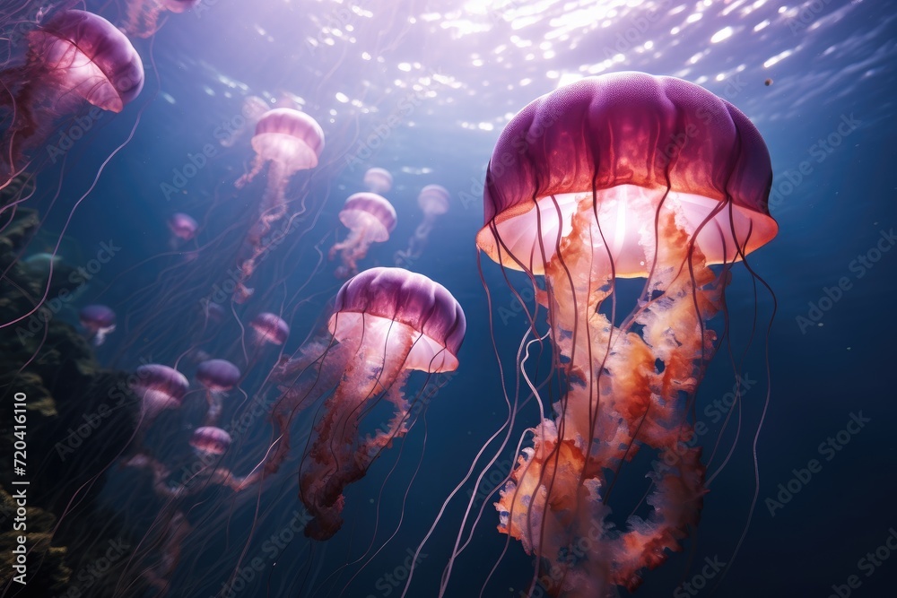 Witness the captivating sight of a group of jellyfish gracefully swimming together in the vast ocean, View of jellyfish in ocean, AI Generated