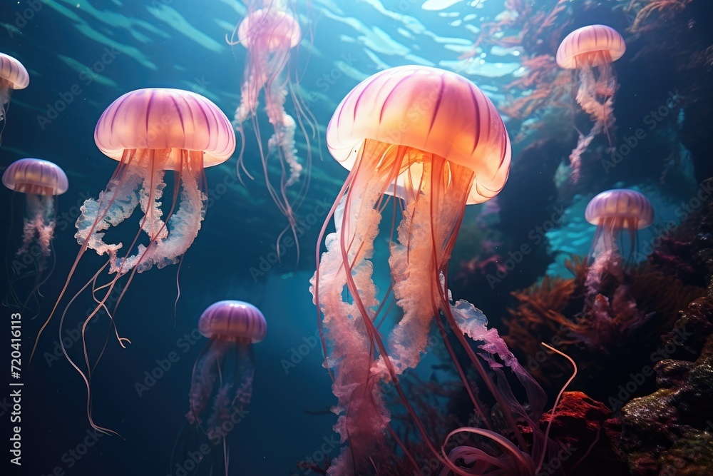 Captivating photo showcasing a mesmerizing group of jellyfish gracefully swimming in an inviting aquarium environment, View of jellyfish in ocean, AI Generated Captivating photo showcasing a mesmerizing group of jellyfish gracefully swimming in an inviting aquarium environment, View of jellyfish in ocean, AI Generated