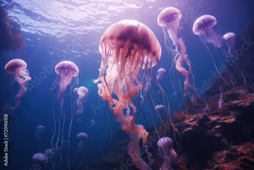 A mesmerizing scene of a group of jellyfish gracefully moving through the ocean waters, View of jellyfish in ocean, AI Generated © Iftikhar alam