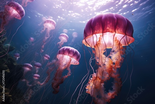 Witness the captivating sight of a group of jellyfish gracefully swimming together in the vast ocean, View of jellyfish in ocean, AI Generated