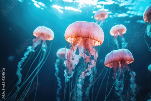 A mesmerizing photo capturing a group of jellyfish gracefully swimming in the vast, blue ocean, View of jellyfish in ocean, AI Generated