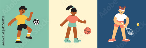 Diversity children play different sport game. Boy soccer player kicking ball in football. Girl playing basketball. Little child athlete holding tennis racquet. Kids active leisure vector illustration