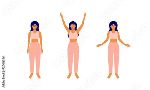 Inhale exhale vector illustration. Woman raising hands up taking deep breath, arms down. Female person doing posture exercise, neck relaxation. Relax morning workout. Self body care, healthy lifestyle
