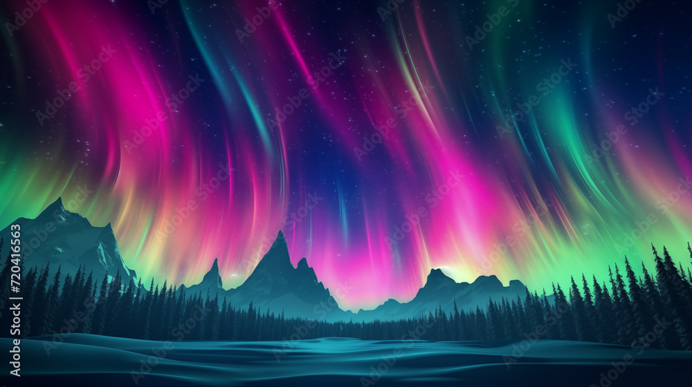 Colorful aurora over forest and glacier river