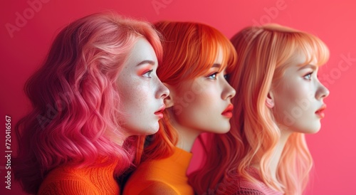 women in a line with pink hair, in the style of dreamlike illustrations, light red and amber, minimalistic serenity, rounded forms, ferrania 
